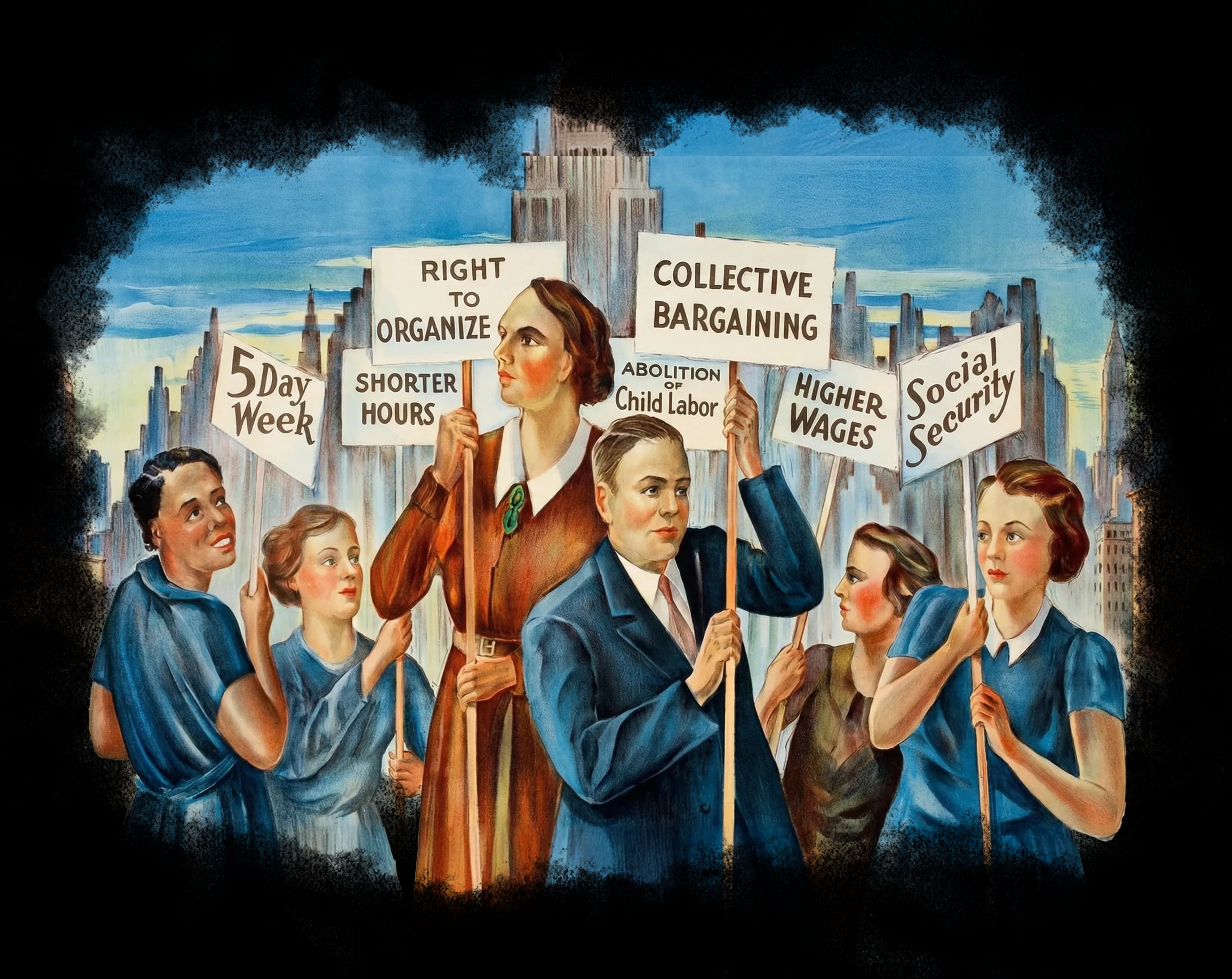 Workers with signs in industrial revolution era illustration